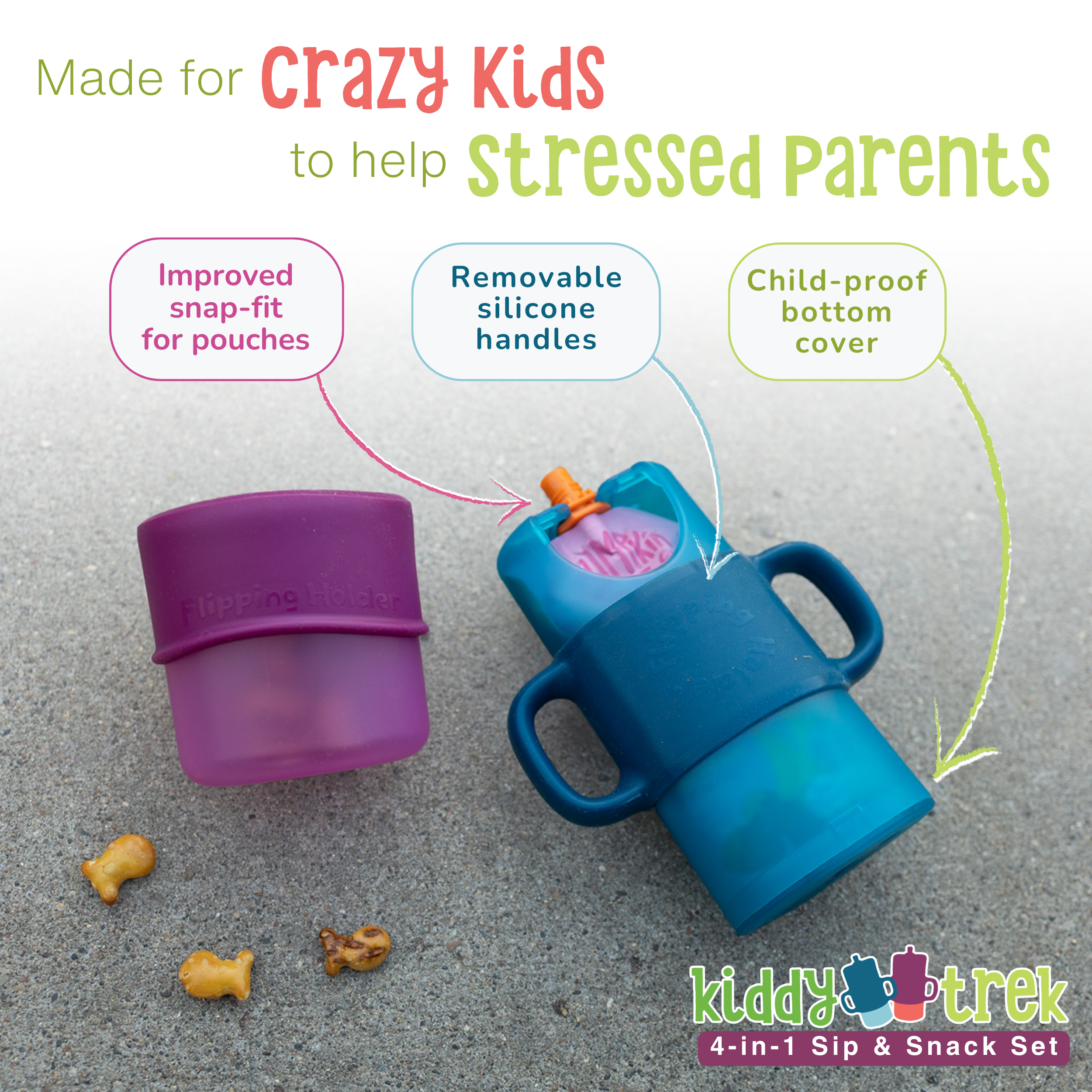 KiddyTrek 4-in-1 Sip & Snack Set - Food Pouch & Juice Box Holder, Snack Cup, Sip Cup ALL IN ONE